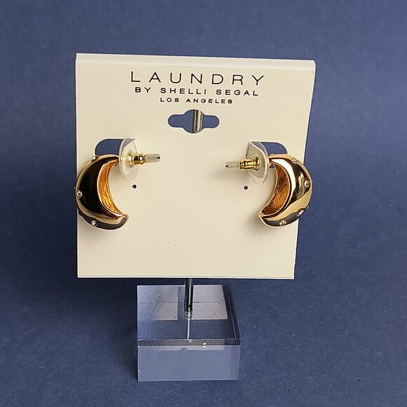 Stud Push back Chunky Hoop Earrings Gold Tone With Clear Rhinestone Casual Trend - Picture 1 of 4